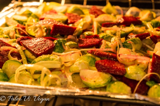 beet, leek, brussels sprout broiling